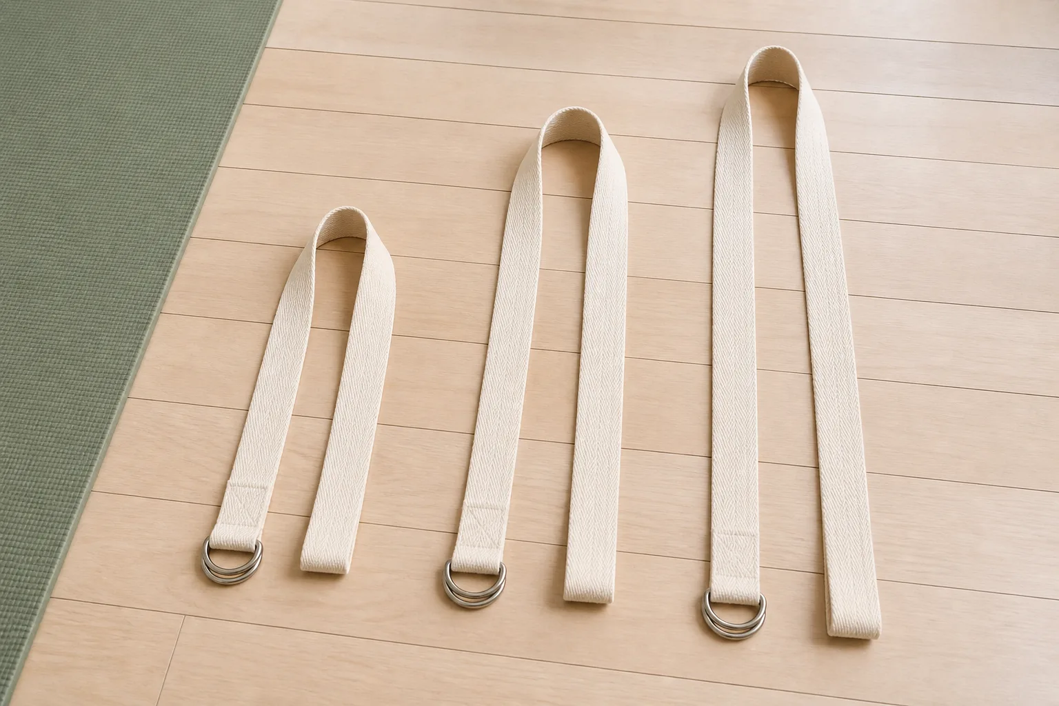 Three unbranded cotton yoga straps arranged as short, medium and long loops on a pale wood floor
