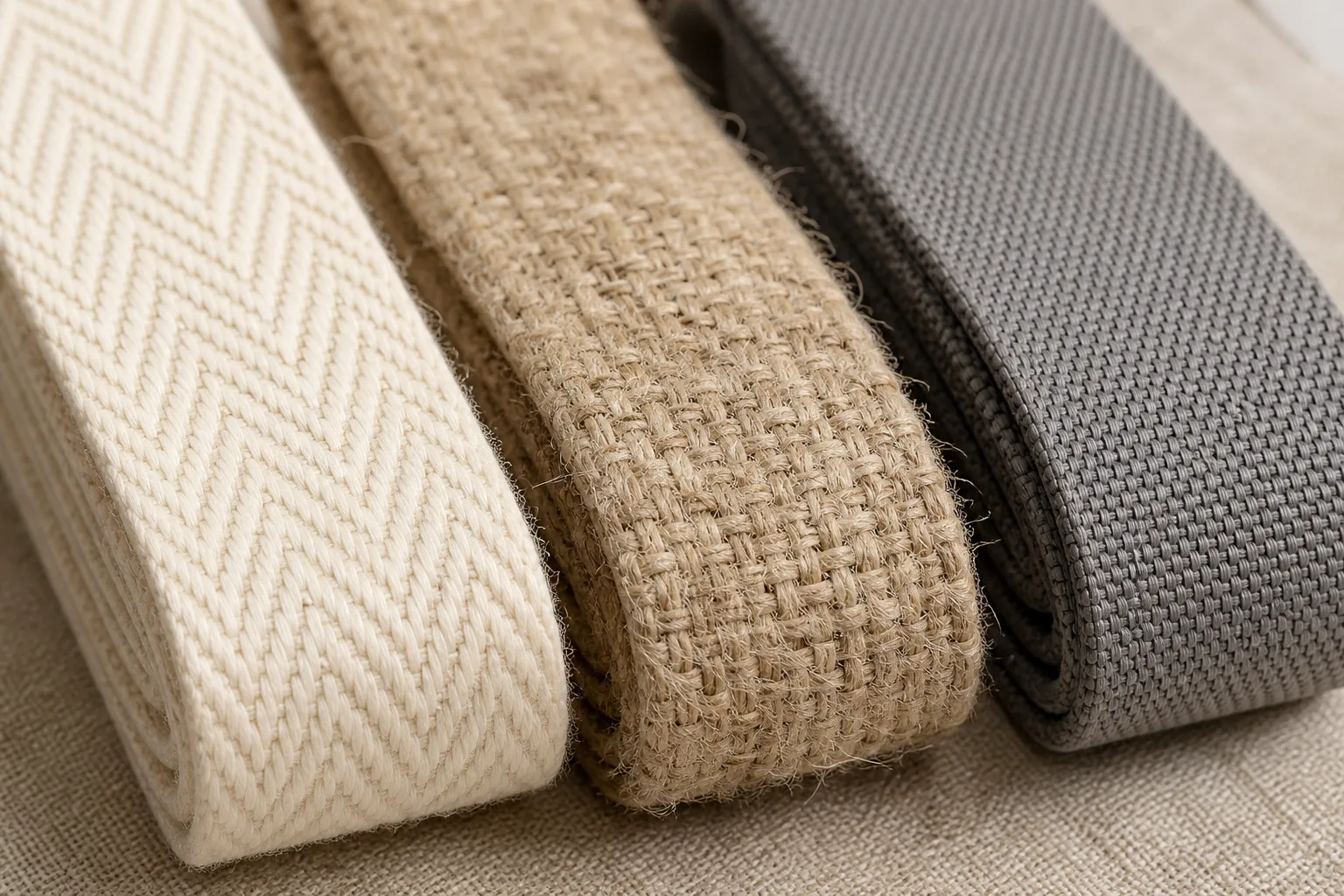 Macro photograph of cream cotton, natural coarse plant-fibre and smooth grey synthetic yoga strap webbing