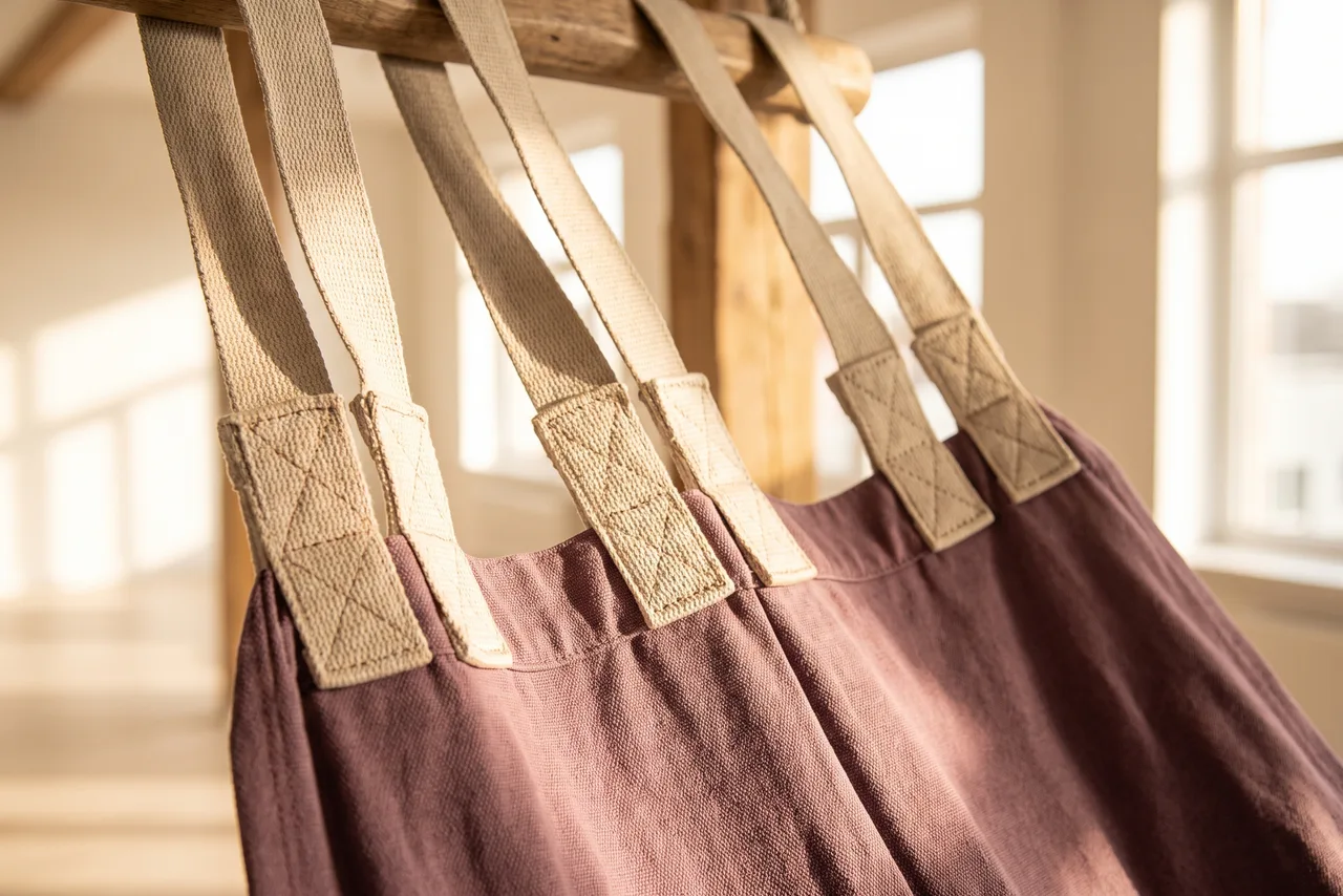 A fabric swing with webbing handles at three heights hanging from a beam in a bright room