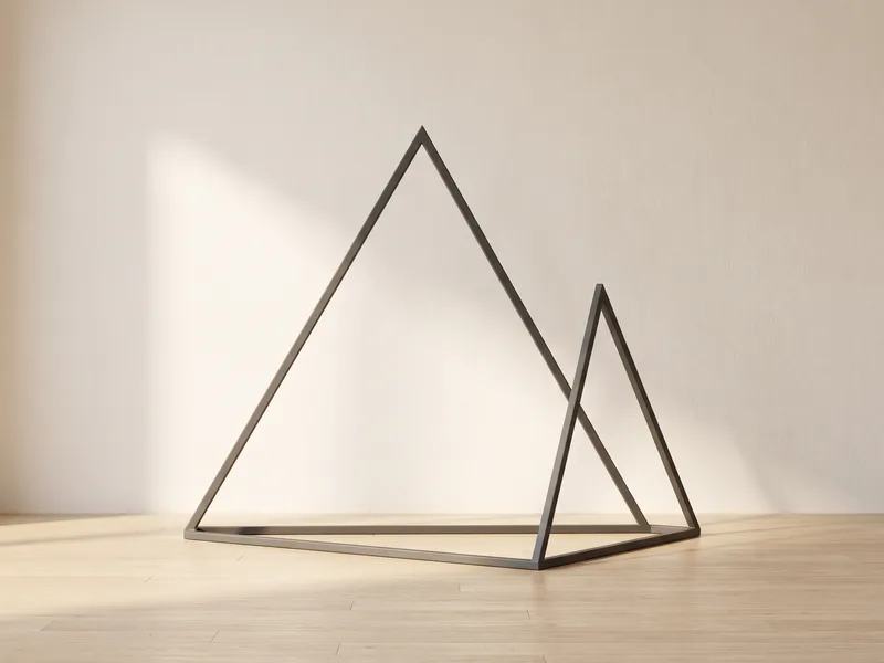 A triangular steel frame stand on a pale wooden floor