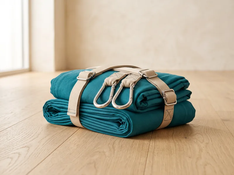 A teal fabric trapeze swing with straps folded on a wooden floor