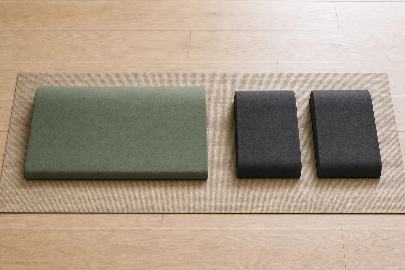 Overhead photograph of one long sage foam yoga wedge beside two smaller matching charcoal wedges on a neutral mat