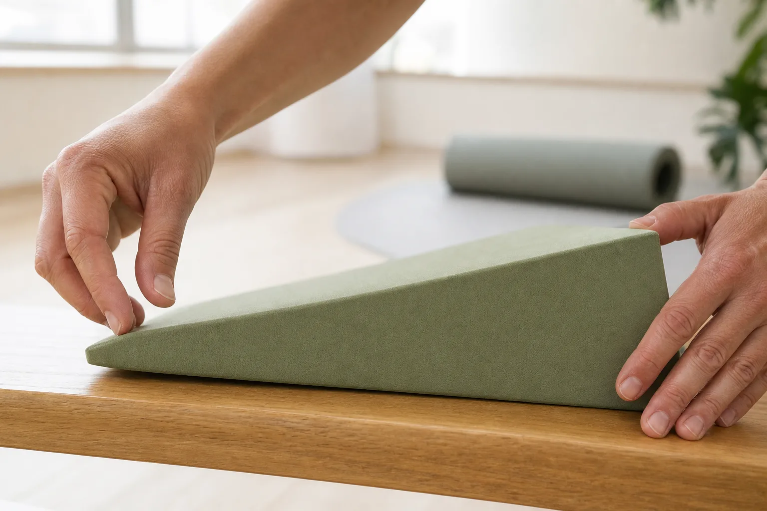 Adult hands checking the thin edge and flat base of an unbranded sage EVA yoga wedge on a wood bench