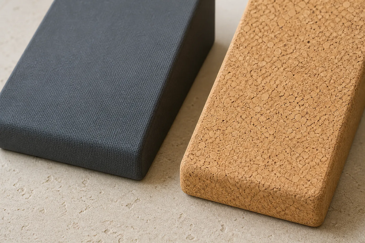 Macro photograph comparing the textured surface and sloped edge of a dark closed-cell foam wedge with a natural cork wedge