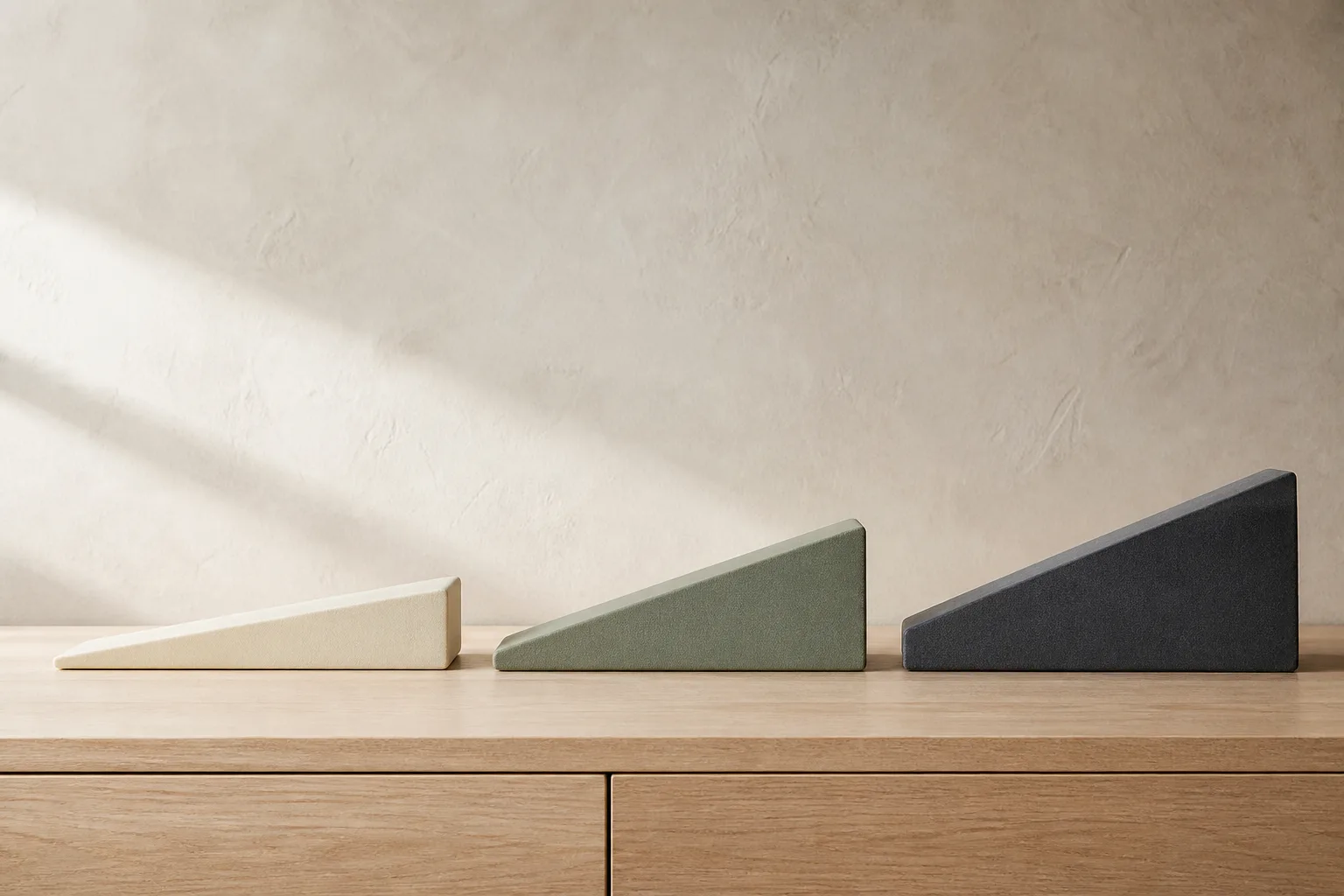 Three unbranded foam yoga wedges shown exactly from the side with low, medium and taller straight slopes