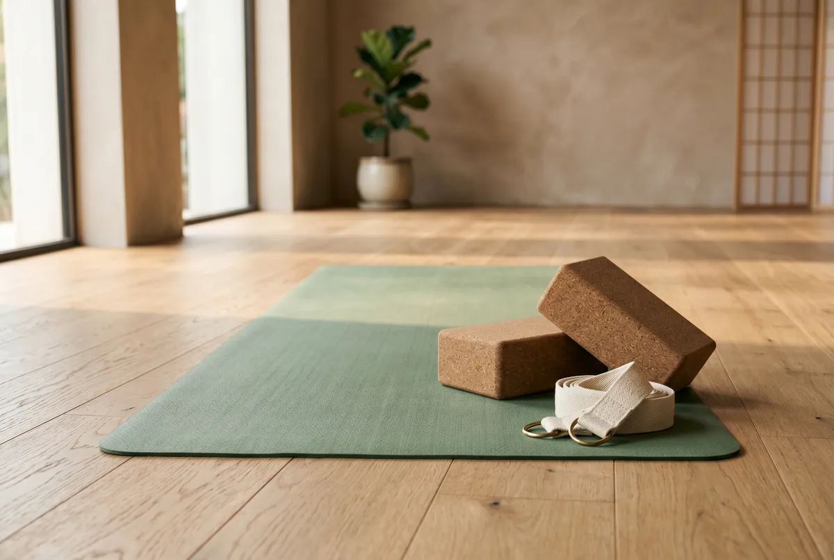 A sage-green yoga mat on a light-oak floor with two cork yoga blocks and a folded strap, in warm daylight in a calm studio