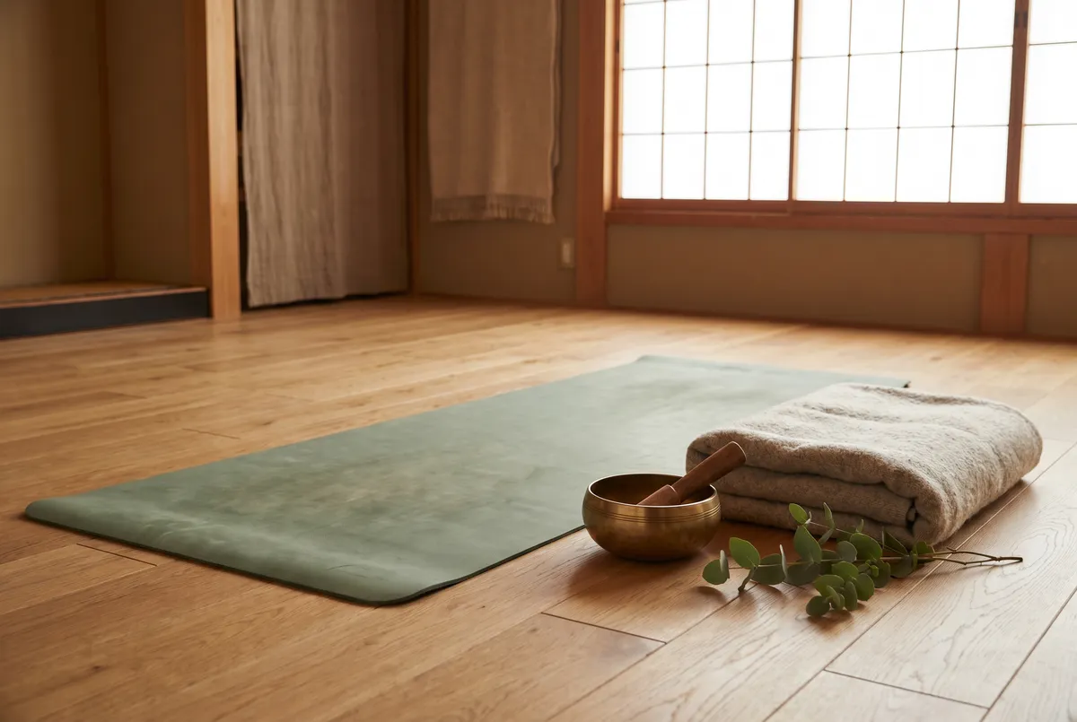 A sage-green yoga mat on a light-oak floor with a folded wool blanket and a small brass singing bowl in soft warm light
