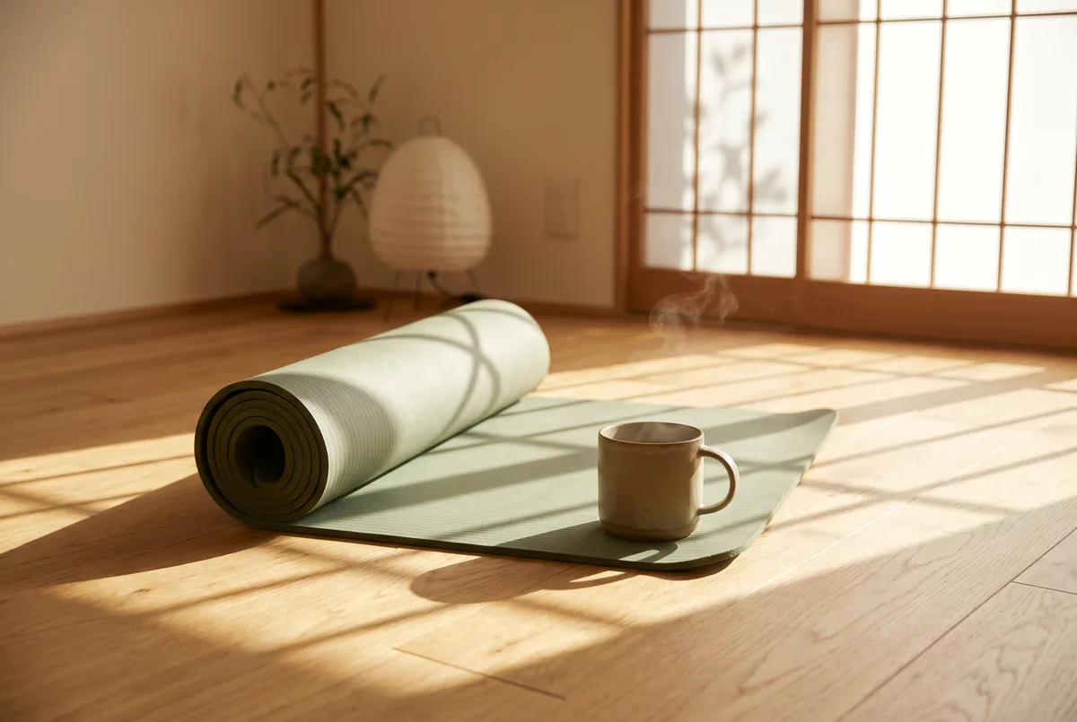 A sage-green yoga mat on a light-oak floor in warm early-morning light, a simple ceramic cup of tea at the mat's edge, calm Japanese-inspired studio