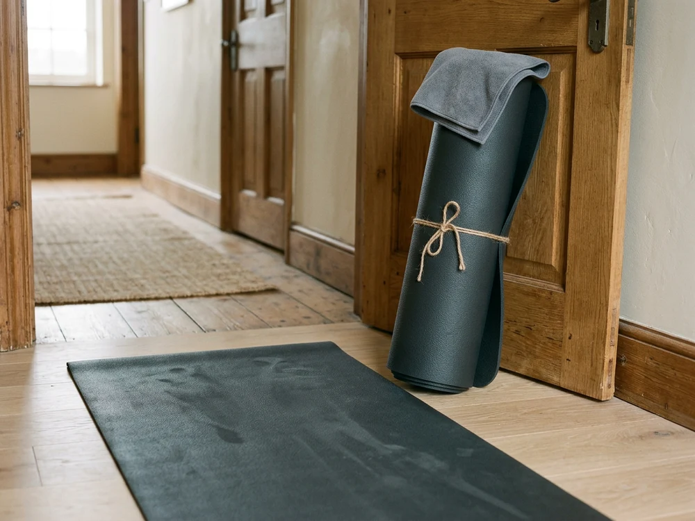 A large rolled charcoal mat standing by a door with a folded microfiber cloth on top, sweat marks visible on an unrolled section nearby