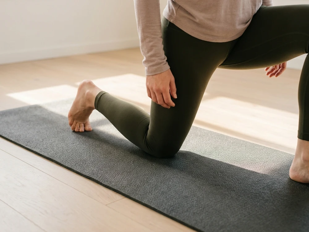 A knee pressing into a thick charcoal mat surface that compresses softly under it, in warm light